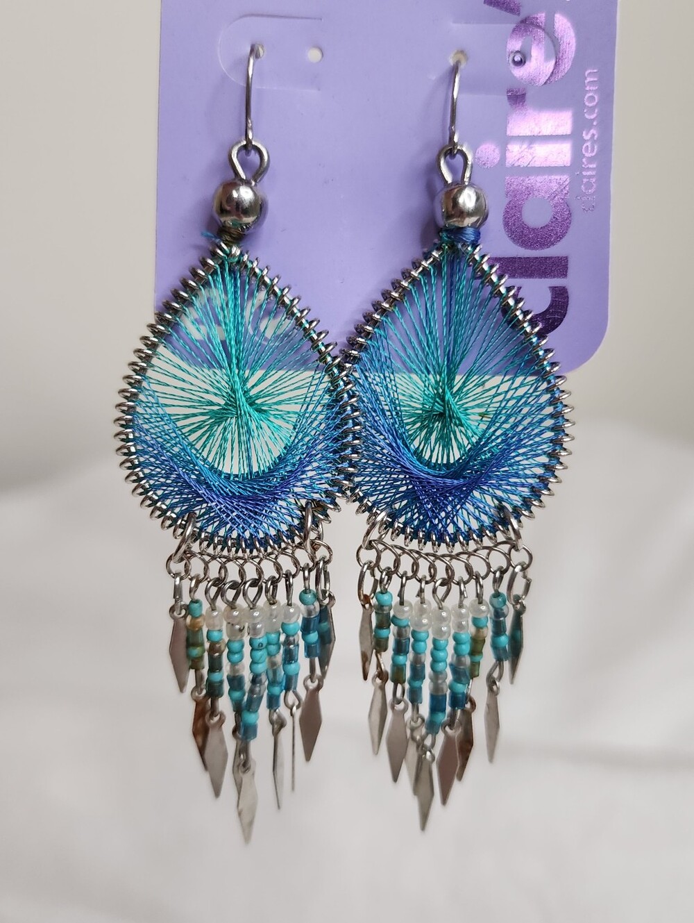 Claire's Teardrop Blue-Green Thread & Bead Southwestwrn Style Dangle Earrings